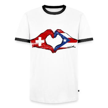 Suisse Porto Rico Mains Forme de Coeur Utilisé - T-shirt contrasté Homme - blanc/noir - Devant - AI Model Female 172 light (172cm) & AI Model Male 178 dark (178cm)