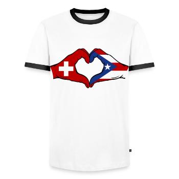 Switzerland Puerto Rico Hands Heart Shape - Men's Ringer Shirt - white/black - Front - AI Model Female 172 light (172cm) & AI Model Male 178 dark (178cm)
