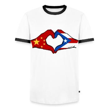 Chine Porto Rico Drapeau Mains Coeur Forme - T-shirt contrasté Homme - blanc/noir - Devant - AI Model Female 172 light (172cm) & AI Model Male 178 dark (178cm)