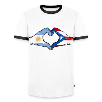 Argentina Puerto Rico Flag Hands Heart Shape Used - Men's Ringer Shirt - white/black - Front - AI Model Female 172 light (172cm) & AI Model Male 178 dark (178cm)