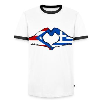 Puerto Rico Greece Flag Hands Heart Shape - Men's Ringer Shirt - white/black - Front - AI Model Female 172 light (172cm) & AI Model Male 178 dark (178cm)