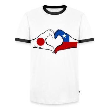 Japon Chili Drapeau Mains Coeur Forme - T-shirt contrasté Homme - blanc/noir - Devant - AI Model Female 172 light (172cm) & AI Model Male 178 dark (178cm)