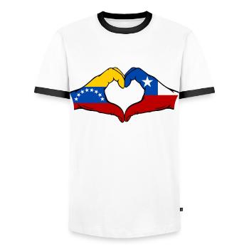 Venezuela Chile Flag Hands Heart Shape - Men's Ringer Shirt - white/black - Front - AI Model Female 172 light (172cm) & AI Model Male 178 dark (178cm)