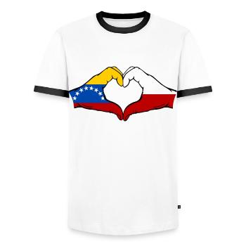 Venezuela Poland Flag Hands Heart Shape - Men's Ringer Shirt - white/black - Front - AI Model Female 172 light (172cm) & AI Model Male 178 dark (178cm)