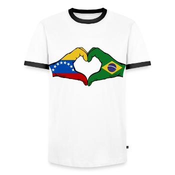 Venezuela Brésil Drapeau Mains Coeur Forme - T-shirt contrasté Homme - blanc/noir - Devant - AI Model Female 172 light (172cm) & AI Model Male 178 dark (178cm)