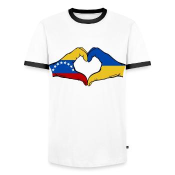 Venezuela Ukraine Flag Hands Heart Shape - Men's Ringer Shirt - white/black - Front - AI Model Female 172 light (172cm) & AI Model Male 178 dark (178cm)