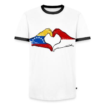 Venezuela Indonesia Flag Hands Heart Shape Used - Men's Ringer Shirt - white/black - Front - AI Model Female 172 light (172cm) & AI Model Male 178 dark (178cm)