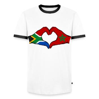 Afrique du Sud Maroc Drapeau Mains Coeur Forme - T-shirt contrasté Homme - blanc/noir - Devant - AI Model Female 172 light (172cm) & AI Model Male 178 dark (178cm)