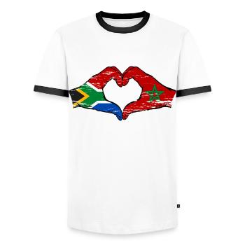 Afrique du Sud Maroc Drapeau Mains Coeur Forme Utilisé - T-shirt contrasté Homme - blanc/noir - Devant - AI Model Female 172 light (172cm) & AI Model Male 178 dark (178cm)