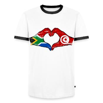 Afrique du Sud Tunisie drapeau mains forme de coeur utilisé - T-shirt contrasté Homme - blanc/noir - Devant - AI Model Female 172 light (172cm) & AI Model Male 178 dark (178cm)