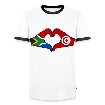 Afrique du Sud Tunisie Drapeau Mains Coeur Forme - T-shirt contrasté Homme - blanc/noir - Devant - AI Model Female 172 light (172cm) & AI Model Male 178 dark (178cm)