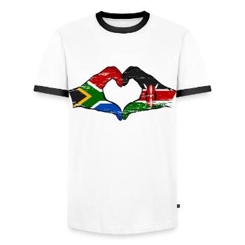 Afrique du Sud Kenya drapeau mains cœur utilisé - T-shirt contrasté Homme - blanc/noir - Devant - AI Model Female 172 light (172cm) & AI Model Male 178 dark (178cm)