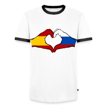Spanien Russland Flagge Hände Herz - Männer Kontrast-T-Shirt - Weiß/Schwarz - Vorne - AI Model Female 172 light (172cm) & AI Model Male 178 dark (178cm)