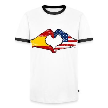 Spain USA Flag Hands Heart Used - Men's Ringer Shirt - white/black - Front - AI Model Female 172 light (172cm) & AI Model Male 178 dark (178cm)