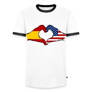 Espagne États-Unis Drapeau Mains Coeur - T-shirt contrasté Homme - blanc/noir - Devant - AI Model Female 172 light (172cm) & AI Model Male 178 dark (178cm)