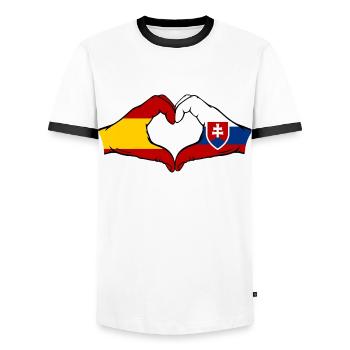 Spanien Slowakei Flagge Hände Herz - Männer Kontrast-T-Shirt - Weiß/Schwarz - Vorne - AI Model Female 172 light (172cm) & AI Model Male 178 dark (178cm)
