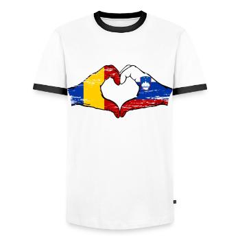 Romania Slovenia flag hands heart shape used - Men's Ringer Shirt - white/black - Front - AI Model Female 172 light (172cm) & AI Model Male 178 dark (178cm)