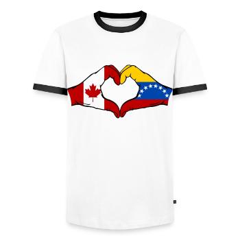 Canada Venezuela Flag Hands Heart Shape - Men's Ringer Shirt - white/black - Front - AI Model Female 172 light (172cm) & AI Model Male 178 dark (178cm)