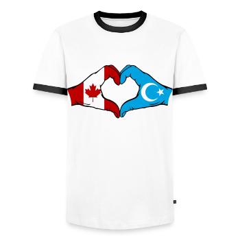 Drapeau ouïghour du Canada en forme de cœur - T-shirt contrasté Homme - blanc/noir - Devant - AI Model Female 172 light (172cm) & AI Model Male 178 dark (178cm)