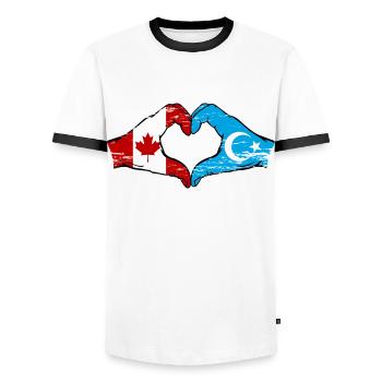 Canada Uyghur flag hands heart shape used - Men's Ringer Shirt - white/black - Front - AI Model Female 172 light (172cm) & AI Model Male 178 dark (178cm)