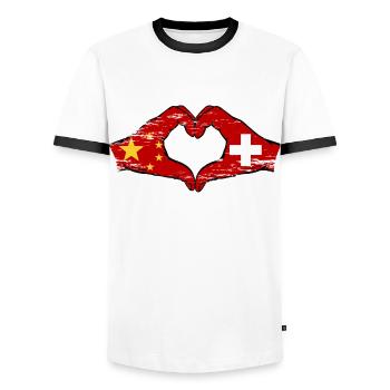 China Switzerland Flag Hands Heart Shape Used - Men's Ringer Shirt - white/black - Front - AI Model Female 172 light (172cm) & AI Model Male 178 dark (178cm)