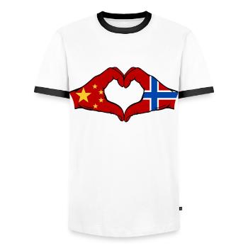 China Norway Flag Hands Heart Shape - Men's Ringer Shirt - white/black - Front - AI Model Female 172 light (172cm) & AI Model Male 178 dark (178cm)