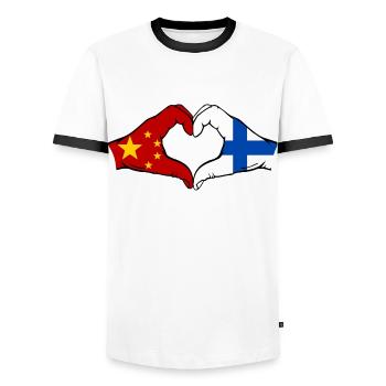Chine Finlande Drapeau Mains Coeur Forme - T-shirt contrasté Homme - blanc/noir - Devant - AI Model Female 172 light (172cm) & AI Model Male 178 dark (178cm)