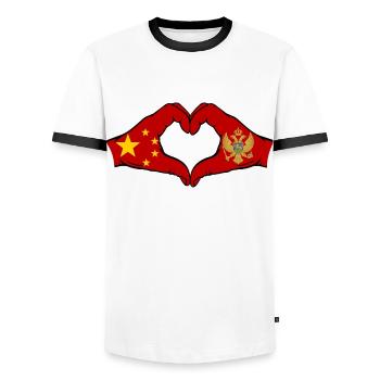 China Montenegro Flagge Hände Herzform - Männer Kontrast-T-Shirt - Weiß/Schwarz - Vorne - AI Model Female 172 light (172cm) & AI Model Male 178 dark (178cm)