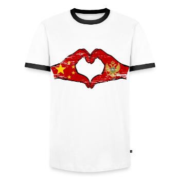 China Montenegro Flagge Hände Herzform used - Männer Kontrast-T-Shirt - Weiß/Schwarz - Vorne - AI Model Female 172 light (172cm) & AI Model Male 178 dark (178cm)