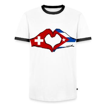 Schweiz Kuba Flagge Hände Herzform - Männer Kontrast-T-Shirt - Weiß/Schwarz - Vorne - AI Model Female 172 light (172cm) & AI Model Male 178 dark (178cm)