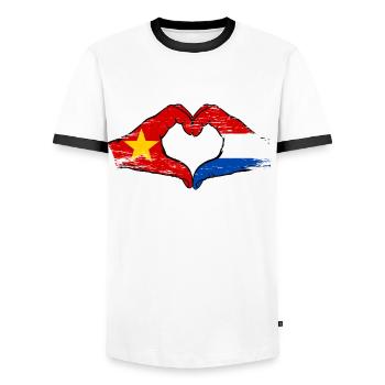 Vietnam Hollande drapeau mains forme coeur utilisé - T-shirt contrasté Homme - blanc/noir - Devant - AI Model Female 172 light (172cm) & AI Model Male 178 dark (178cm)