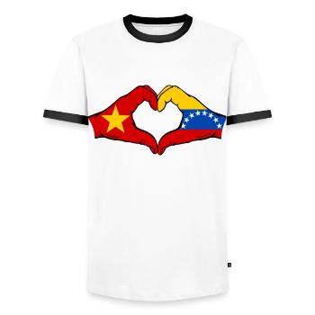 Vietnam Venezuela Flag Hands Heart Shape - Men's Ringer Shirt - white/black - Front - AI Model Female 172 light (172cm) & AI Model Male 178 dark (178cm)