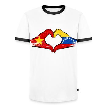 Vietnam Venezuela Flag Hands Heart Shape Used - Men's Ringer Shirt - white/black - Front - AI Model Female 172 light (172cm) & AI Model Male 178 dark (178cm)