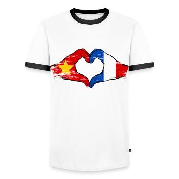 Vietnam France Flag Hands Heart Shape Used - Men's Ringer Shirt - white/black - Front - AI Model Female 172 light (172cm) & AI Model Male 178 dark (178cm)