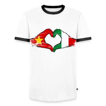 Vietnam Italy Flag Hands Heart Shape Used - Men's Ringer Shirt - white/black - Front - AI Model Female 172 light (172cm) & AI Model Male 178 dark (178cm)