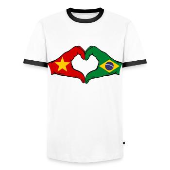 Vietnam Brésil Drapeau Mains Coeur Forme - T-shirt contrasté Homme - blanc/noir - Devant - AI Model Female 172 light (172cm) & AI Model Male 178 dark (178cm)