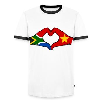 Südafrika Vietnam Flagge Hände Herzform - Männer Kontrast-T-Shirt - Weiß/Schwarz - Vorne - AI Model Female 172 light (172cm) & AI Model Male 178 dark (178cm)