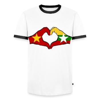Vietnam Myanmar Flag Hands Heart Shape - Men's Ringer Shirt - white/black - Front - AI Model Female 172 light (172cm) & AI Model Male 178 dark (178cm)