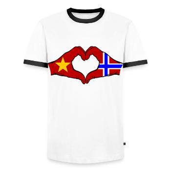 Vietnam Norway Flag Hands Heart Shape - Men's Ringer Shirt - white/black - Front - AI Model Female 172 light (172cm) & AI Model Male 178 dark (178cm)