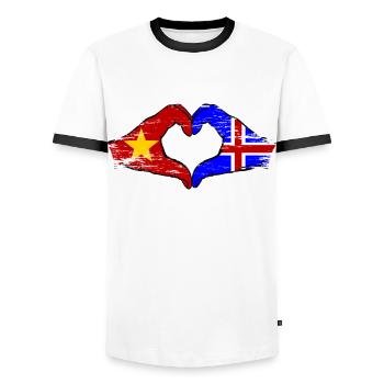 Drapeau de l’île du Vietnam mains forme de coeur utilisé - T-shirt contrasté Homme - blanc/noir - Devant - AI Model Female 172 light (172cm) & AI Model Male 178 dark (178cm)