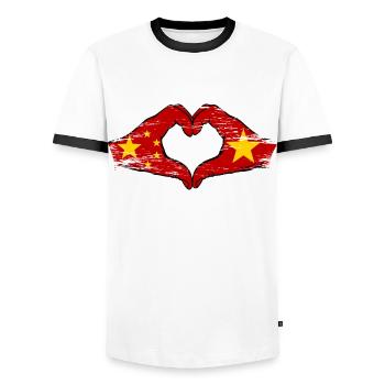 Drapeau Chine Vietnam mains forme de coeur utilisé - T-shirt contrasté Homme - blanc/noir - Devant - AI Model Female 172 light (172cm) & AI Model Male 178 dark (178cm)