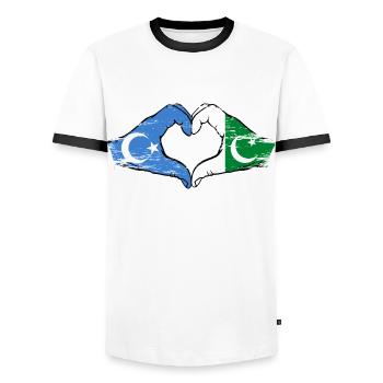 Uyghur Pakistan flag hands heart shape used - Men's Ringer Shirt - white/black - Front - AI Model Female 172 light (172cm) & AI Model Male 178 dark (178cm)