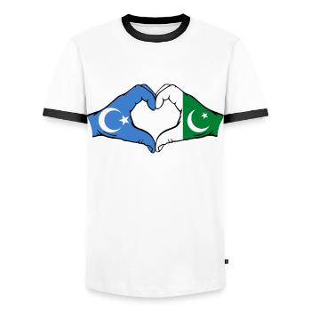 Ouïghours Pakistan drapeau mains forme coeur - T-shirt contrasté Homme - blanc/noir - Devant - AI Model Female 172 light (172cm) & AI Model Male 178 dark (178cm)