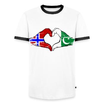 Norway Pakistan Flag Hands Heart Shape Used - Men's Ringer Shirt - white/black - Front - AI Model Female 172 light (172cm) & AI Model Male 178 dark (178cm)
