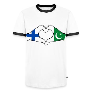 Finlande Pakistan Drapeau Mains Coeur Forme - T-shirt contrasté Homme - blanc/noir - Devant - AI Model Female 172 light (172cm) & AI Model Male 178 dark (178cm)