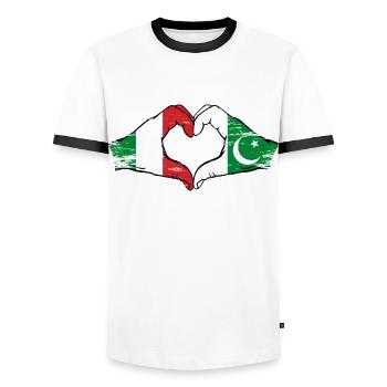 Italy Pakistan Flag Hands Heart Shape Used - Men's Ringer Shirt - white/black - Front - AI Model Female 172 light (172cm) & AI Model Male 178 dark (178cm)