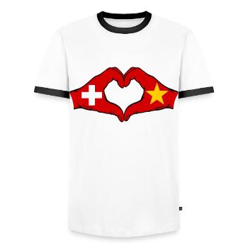 Schweiz Vietnam Flagge Hände Herzform - Männer Kontrast-T-Shirt - Weiß/Schwarz - Vorne - AI Model Female 172 light (172cm) & AI Model Male 178 dark (178cm)