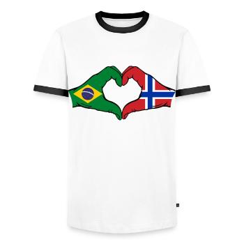 Brazil Norway Flag Hands Heart Shape - Men's Ringer Shirt - white/black - Front - AI Model Female 172 light (172cm) & AI Model Male 178 dark (178cm)