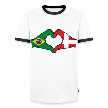 Brésil Danemark drapeau mains forme coeur - T-shirt contrasté Homme - blanc/noir - Devant - AI Model Female 172 light (172cm) & AI Model Male 178 dark (178cm)