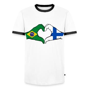 Brésil Finlande Drapeau Mains Coeur Forme - T-shirt contrasté Homme - blanc/noir - Devant - AI Model Female 172 light (172cm) & AI Model Male 178 dark (178cm)